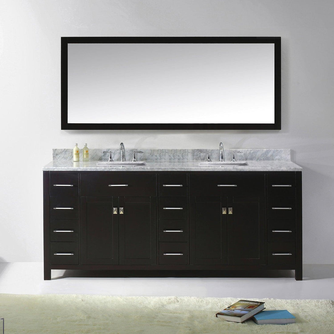 MD-2178-WMSQ-ES Espresso Caroline Parkway 78" Double Bath Vanity Set with Italian Carrara White Marble Top & Rectangular Double Centered Basin, Mirror