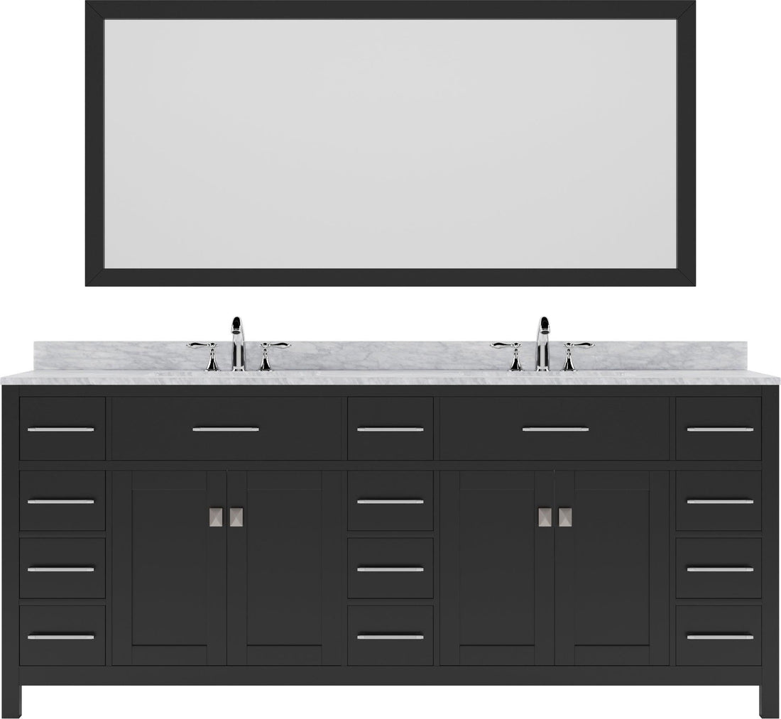 MD-2178-WMSQ-ES Espresso Caroline Parkway 78" Double Bath Vanity Set with Italian Carrara White Marble Top & Rectangular Double Centered Basin, Mirror