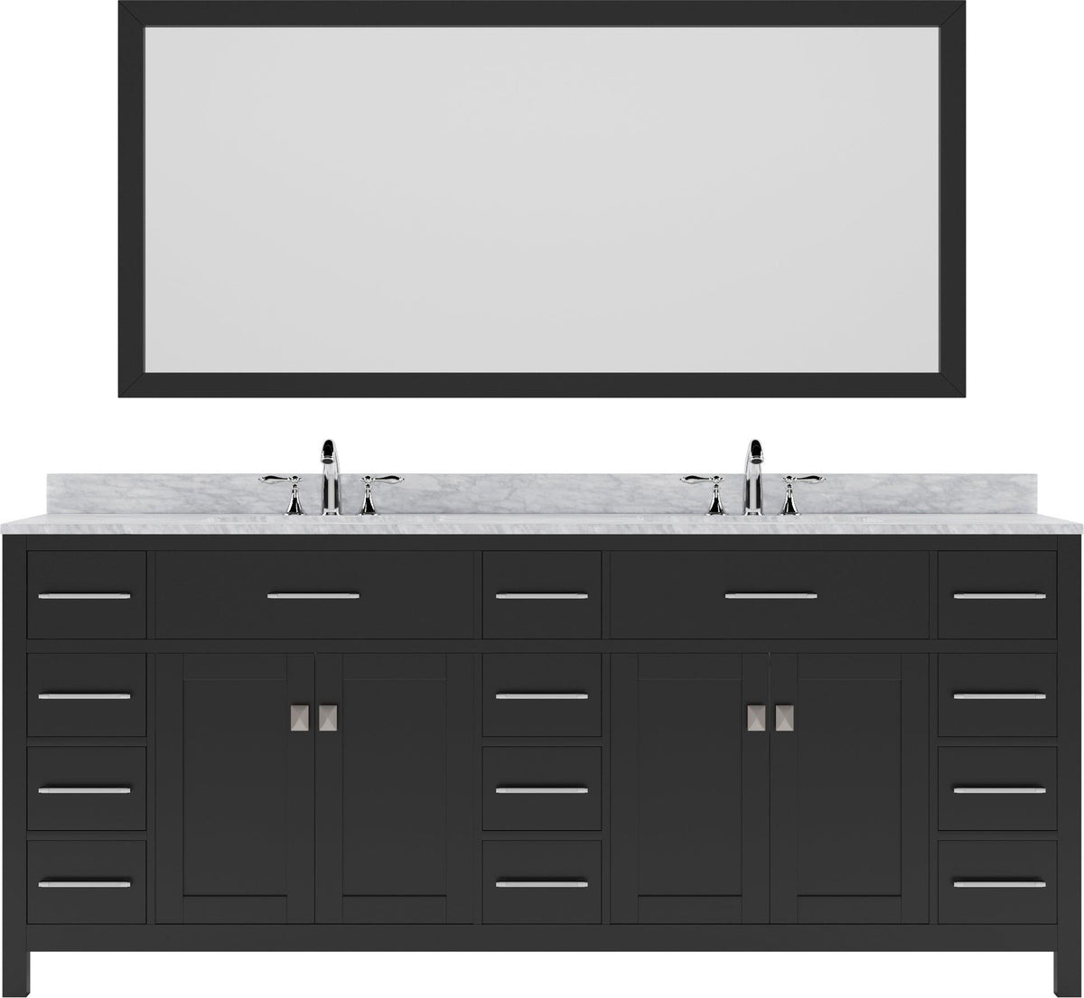 MD-2178-WMSQ-ES Espresso Caroline Parkway 78" Double Bath Vanity Set with Italian Carrara White Marble Top & Rectangular Double Centered Basin, Mirror