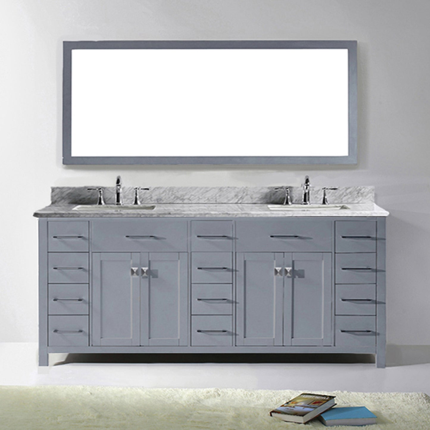 MD-2178-WMSQ-GR Gray Caroline Parkway 78" Double Bath Vanity Set with Italian Carrara White Marble Top & Rectangular Double Centered Basin, Mirror