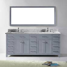 Load image into Gallery viewer, MD-2178-WMSQ-GR Gray Caroline Parkway 78&quot; Double Bath Vanity Set with Italian Carrara White Marble Top &amp; Rectangular Double Centered Basin, Mirror