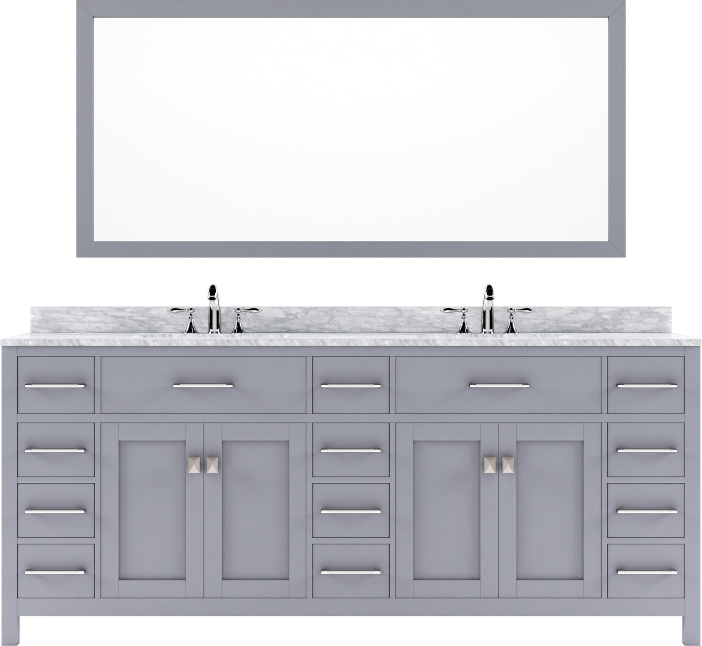 MD-2178-WMSQ-GR Gray Caroline Parkway 78" Double Bath Vanity Set with Italian Carrara White Marble Top & Rectangular Double Centered Basin, Mirror