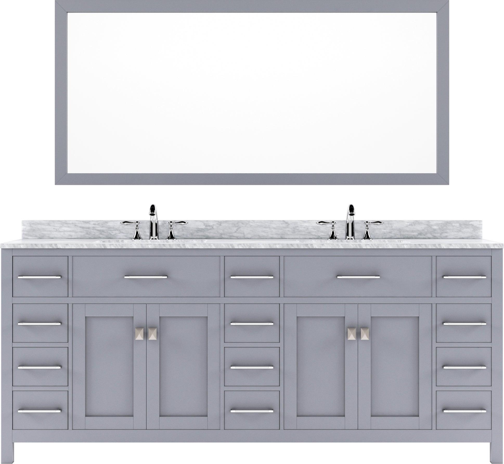 MD-2178-WMSQ-GR Gray Caroline Parkway 78" Double Bath Vanity Set with Italian Carrara White Marble Top & Rectangular Double Centered Basin, Mirror