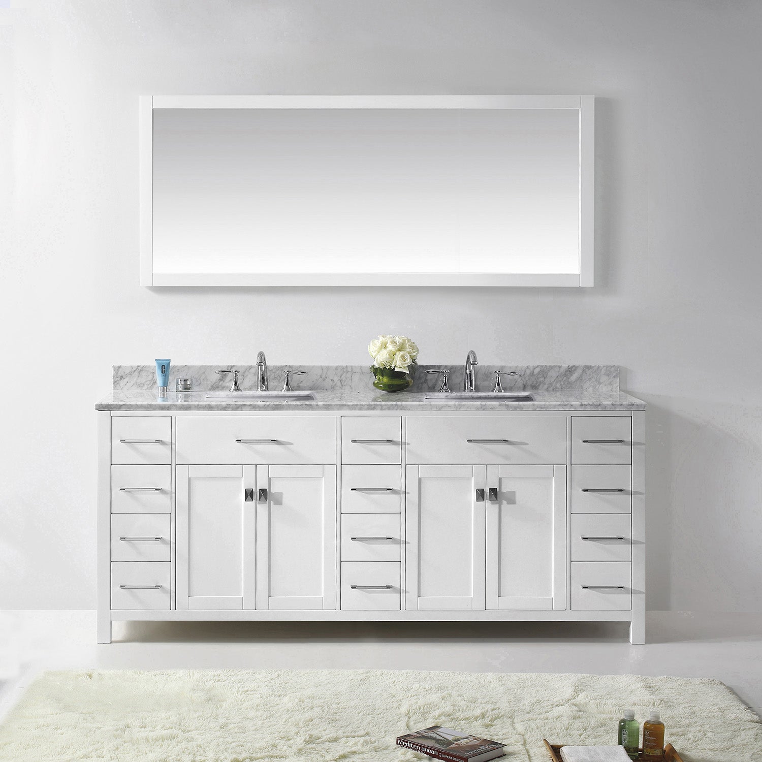 MD-2178-WMSQ-WH White Caroline Parkway 78" Double Bath Vanity Set with Italian Carrara White Marble Top & Rectangular Double Centered Basin, Mirror