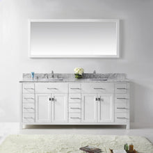 Load image into Gallery viewer, MD-2178-WMSQ-WH White Caroline Parkway 78&quot; Double Bath Vanity Set with Italian Carrara White Marble Top &amp; Rectangular Double Centered Basin, Mirror