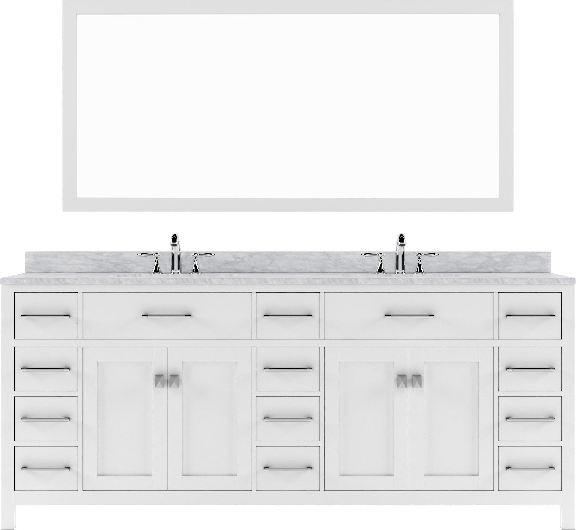 MD-2178-WMSQ-WH White Caroline Parkway 78" Double Bath Vanity Set with Italian Carrara White Marble Top & Rectangular Double Centered Basin, Mirror