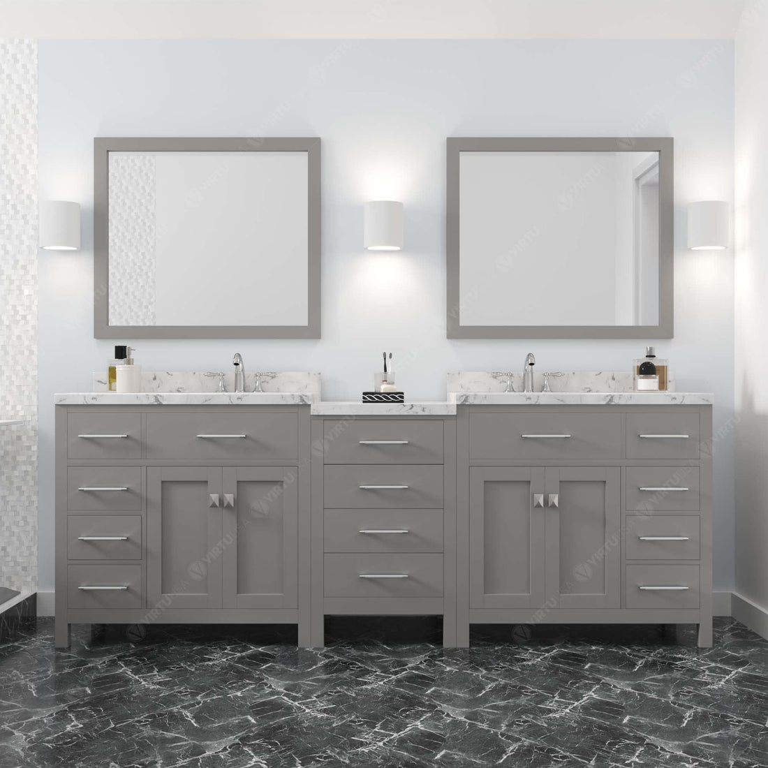 Caroline Parkway 93" Double Bath Vanity Set with Cultured Marble Quartz Top & Oval Right Offset Basin