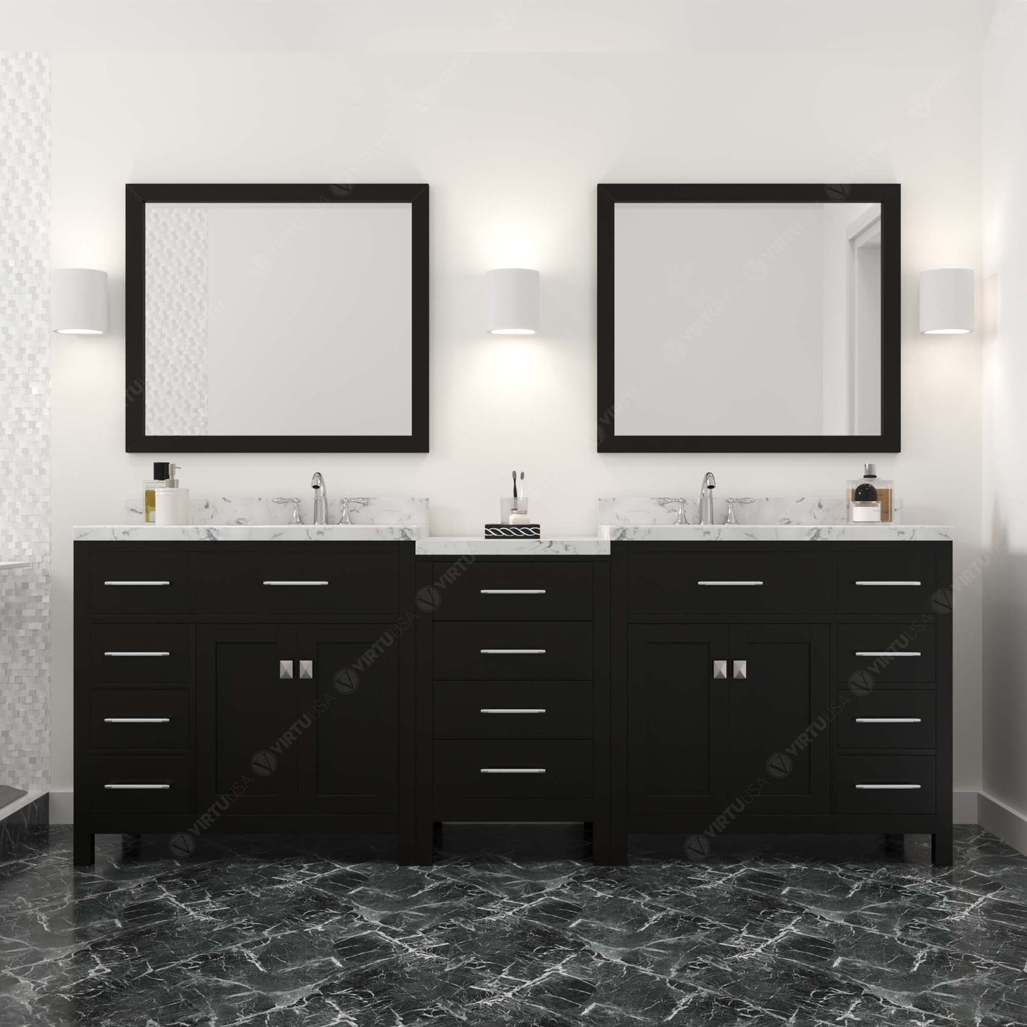 Caroline Parkway 93" Double Bath Vanity Set with Cultured Marble Quartz Top & Oval Right Offset Basin