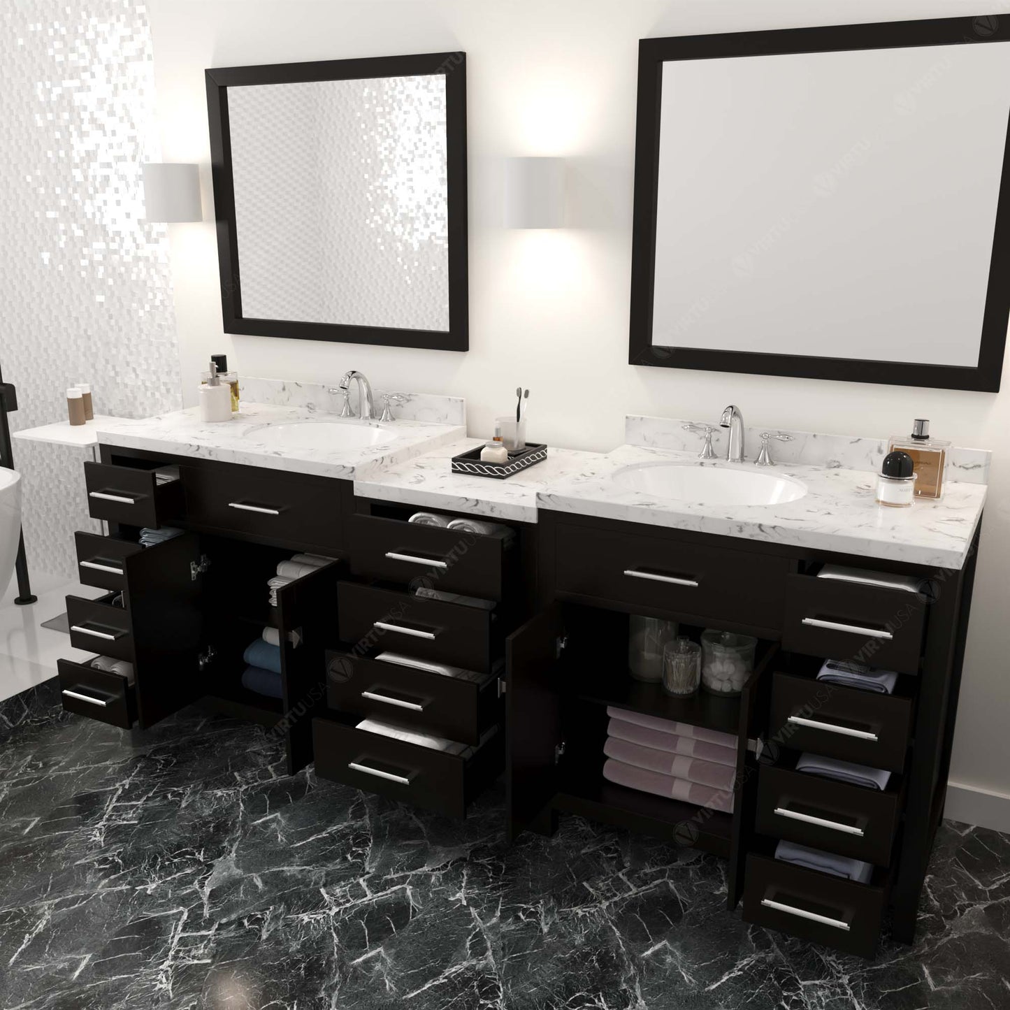 Caroline Parkway 93" Double Bath Vanity Set with Cultured Marble Quartz Top & Oval Right Offset Basin