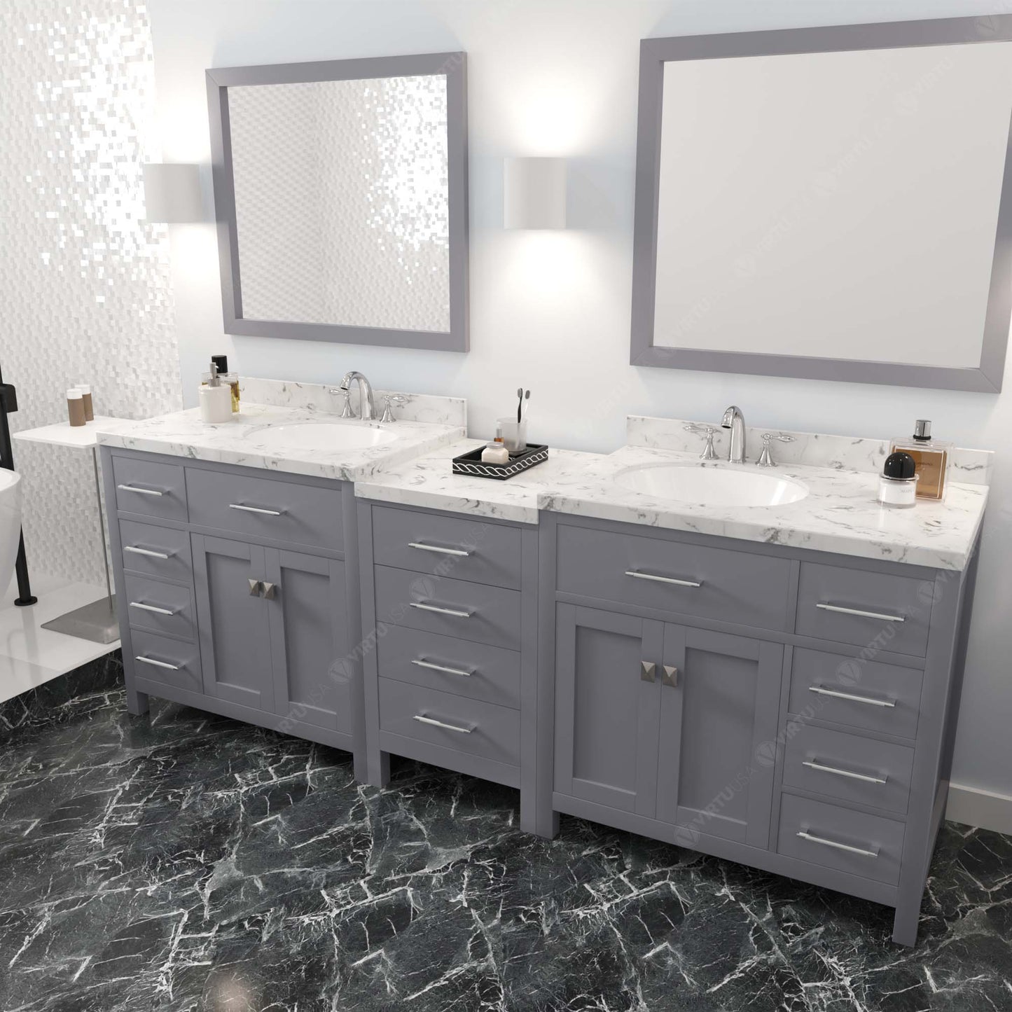 Caroline Parkway 93" Double Bath Vanity Set with Cultured Marble Quartz Top & Oval Right Offset Basin