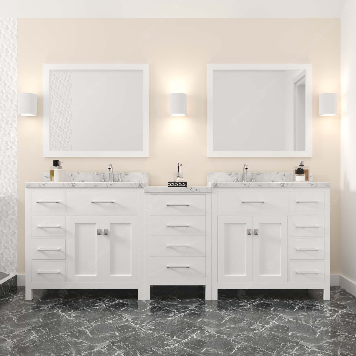 Caroline Parkway 93" Double Bath Vanity Set with Cultured Marble Quartz Top & Oval Right Offset Basin