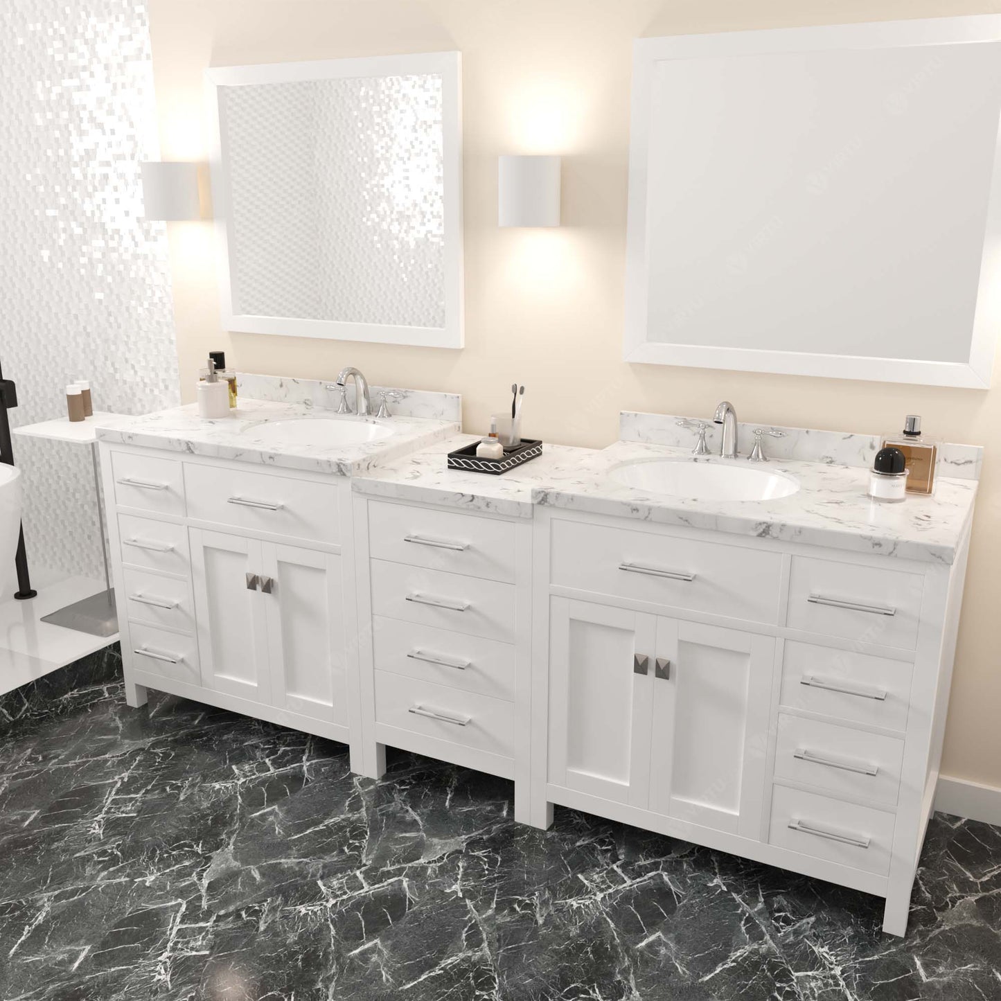 Caroline Parkway 93" Double Bath Vanity Set with Cultured Marble Quartz Top & Oval Right Offset Basin