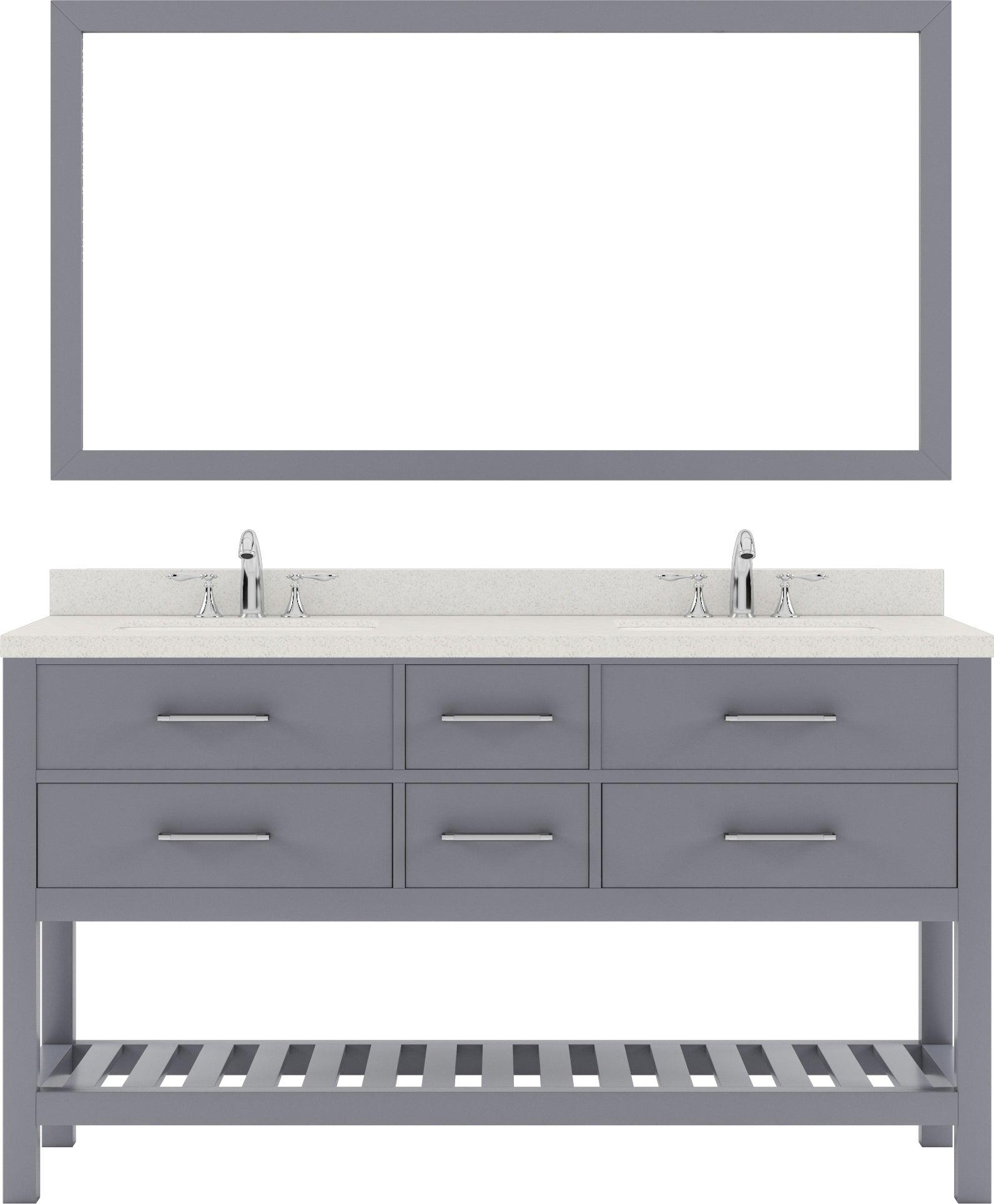 MD-2260-DWQRO-GR Gray Caroline Estate 60" Double Bath Vanity Set with Dazzle White Quartz Top & Oval Double Centered Basin, 1 mirror