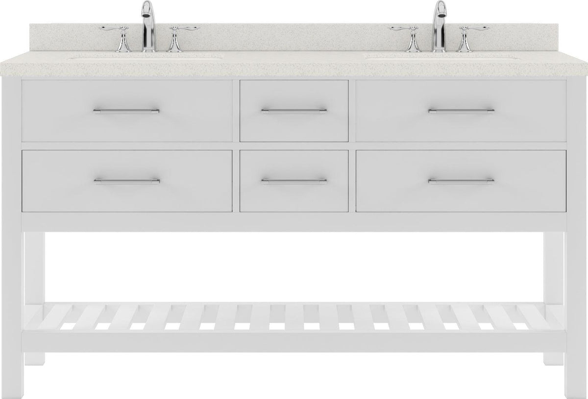 MD-2260-DWQSQ-WH White Caroline Estate 60" Double Bath Vanity Set with Dazzle White Quartz Top & Rectangular Double Centered Basin