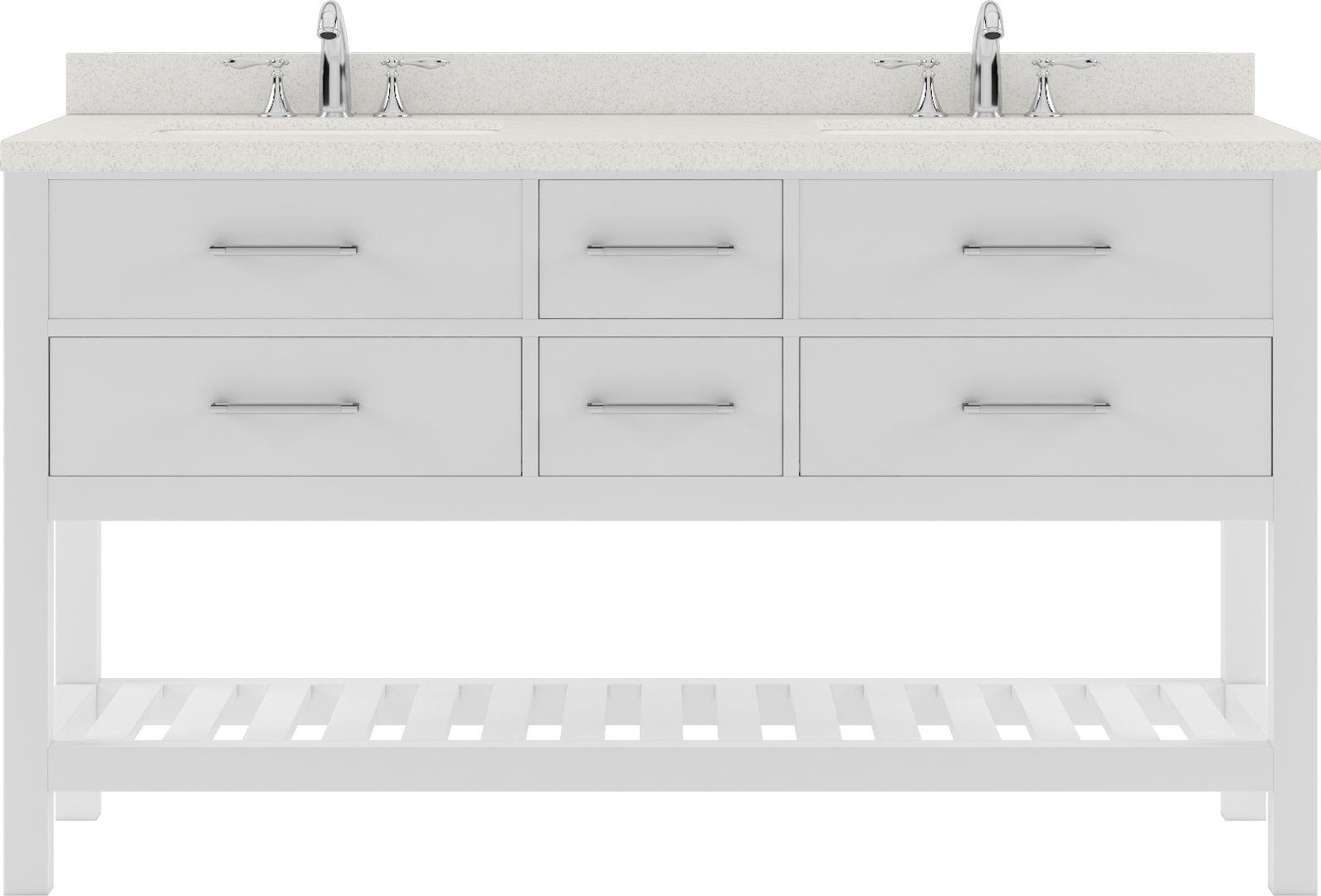 MD-2260-DWQSQ-WH White Caroline Estate 60" Double Bath Vanity Set with Dazzle White Quartz Top & Rectangular Double Centered Basin