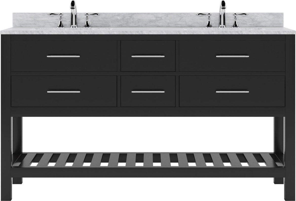 MD-2260-WMSQ-ES Espresso Caroline Estate 60" Double Bath Vanity Set with Italian Carrara White Marble Top & Rectangular Double Centered Basin. 