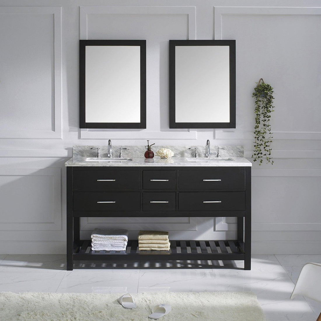MD-2260-WMSQ-ES Espresso Caroline Estate 60" Double Bath Vanity Set with Italian Carrara White Marble Top & Rectangular Double Centered Basin. 2 Mirrors