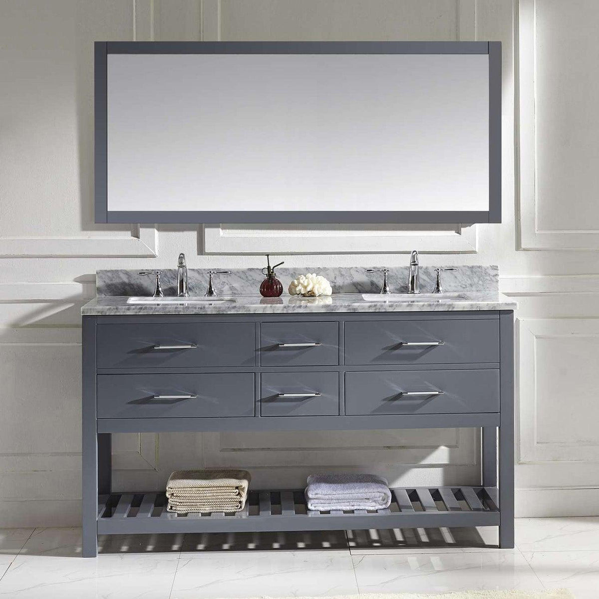 MD-2260-WMSQ-GR Gray Caroline Estate 60" Double Bath Vanity Set with Italian Carrara White Marble Top & Rectangular Double Centered Basin. 1 Mirror