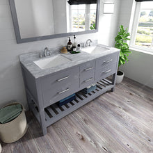Load image into Gallery viewer, MD-2260-WMSQ-GR Gray Caroline Estate 60&quot; Double Bath Vanity Set with Italian Carrara White Marble Top &amp; Rectangular Double Centered Basin. 1 Mirror side