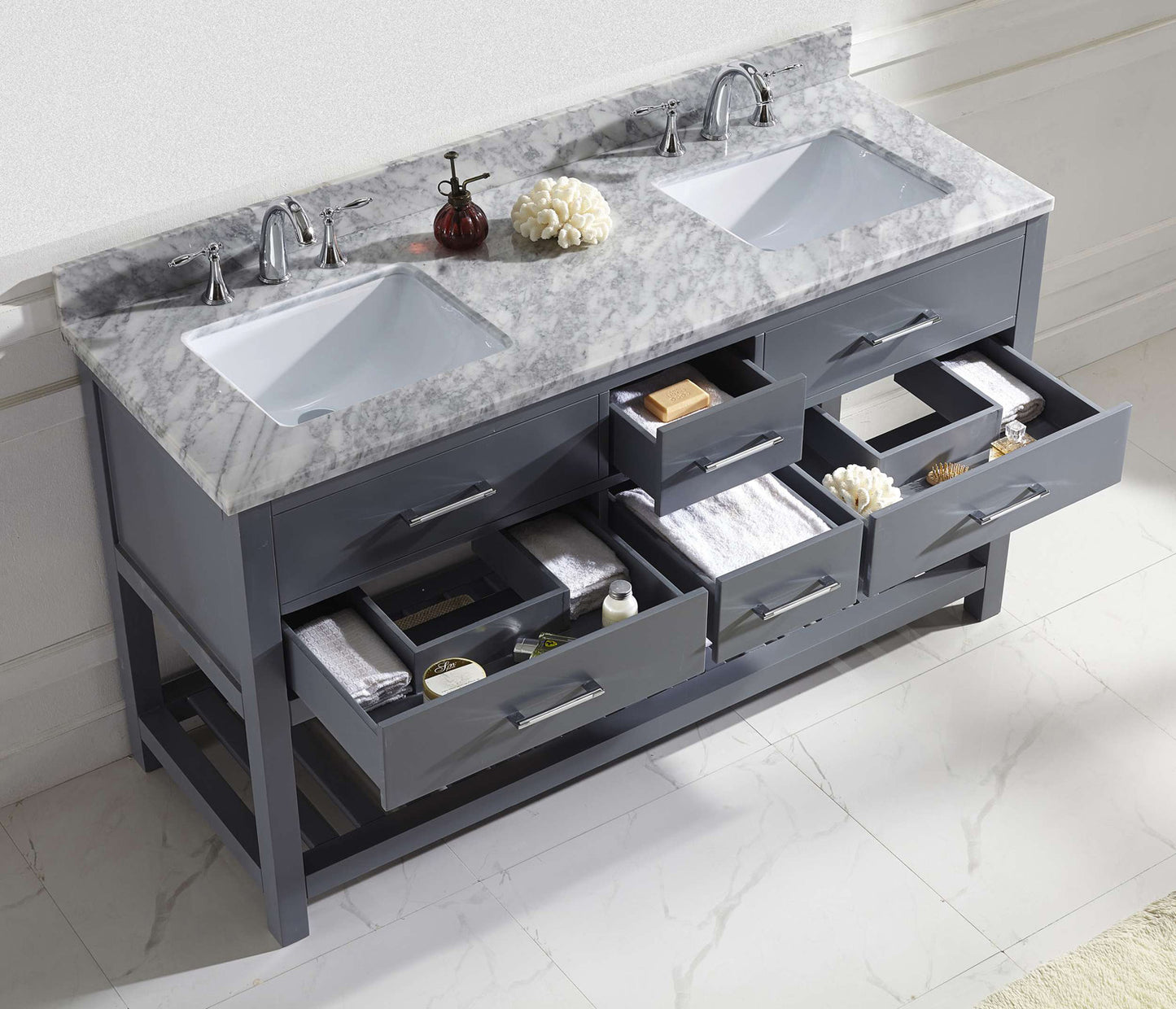 MD-2260-WMSQ-GR Gray Caroline Estate 60" Double Bath Vanity Set with Italian Carrara White Marble Top & Rectangular Double Centered Basin. 1 Mirror up open