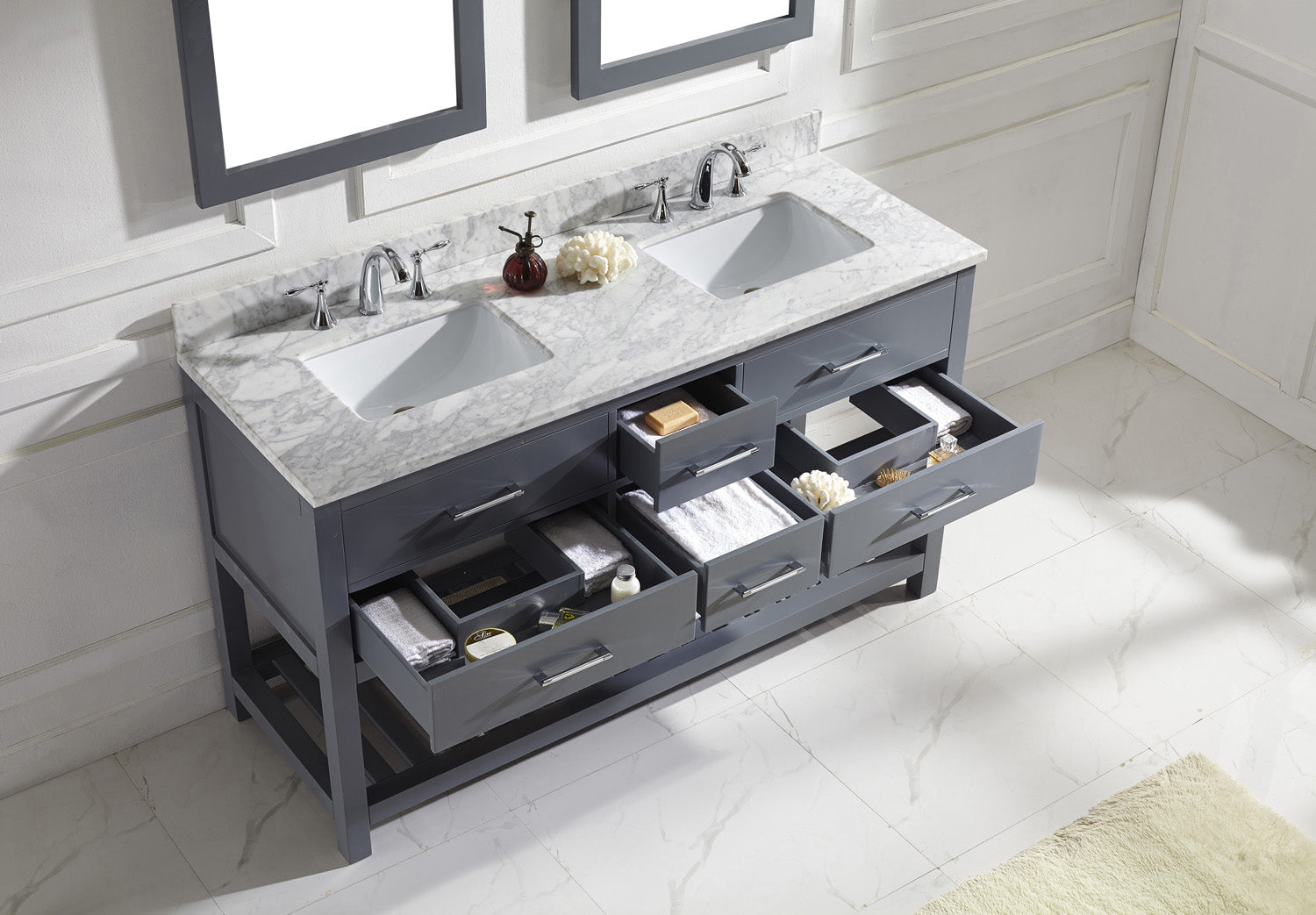 MD-2260-WMSQ-GR Gray Caroline Estate 60" Double Bath Vanity Set with Italian Carrara White Marble Top & Rectangular Double Centered Basin. 2 Mirrors up