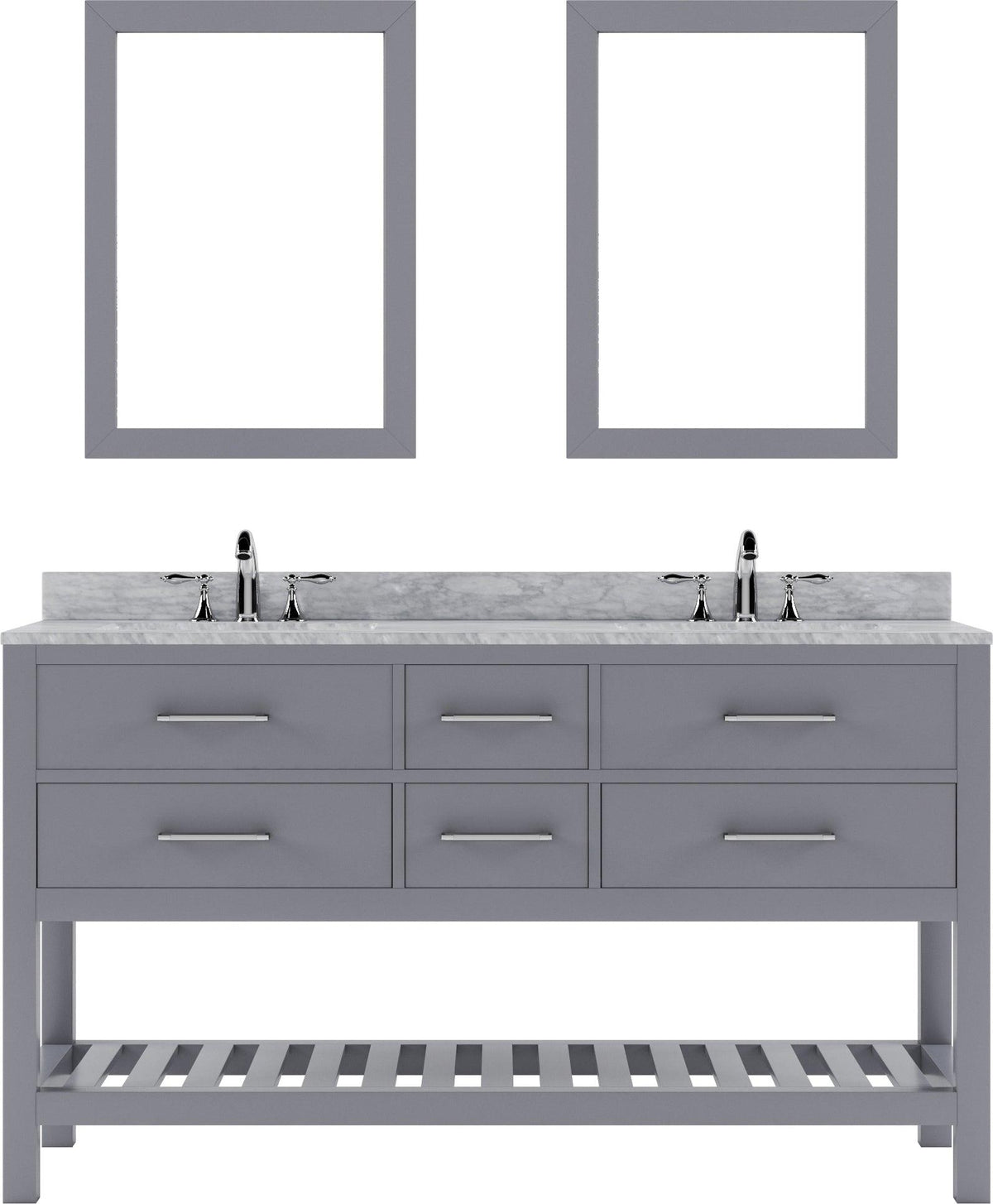 MD-2260-WMSQ-GR Gray Caroline Estate 60" Double Bath Vanity Set with Italian Carrara White Marble Top & Rectangular Double Centered Basin. 2 Mirrors