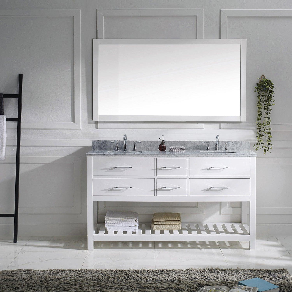 MD-2260-WMSQ-WH White Caroline Estate 60" Double Bath Vanity Set with Italian Carrara White Marble Top & Rectangular Double Centered Basin. 1 Mirror