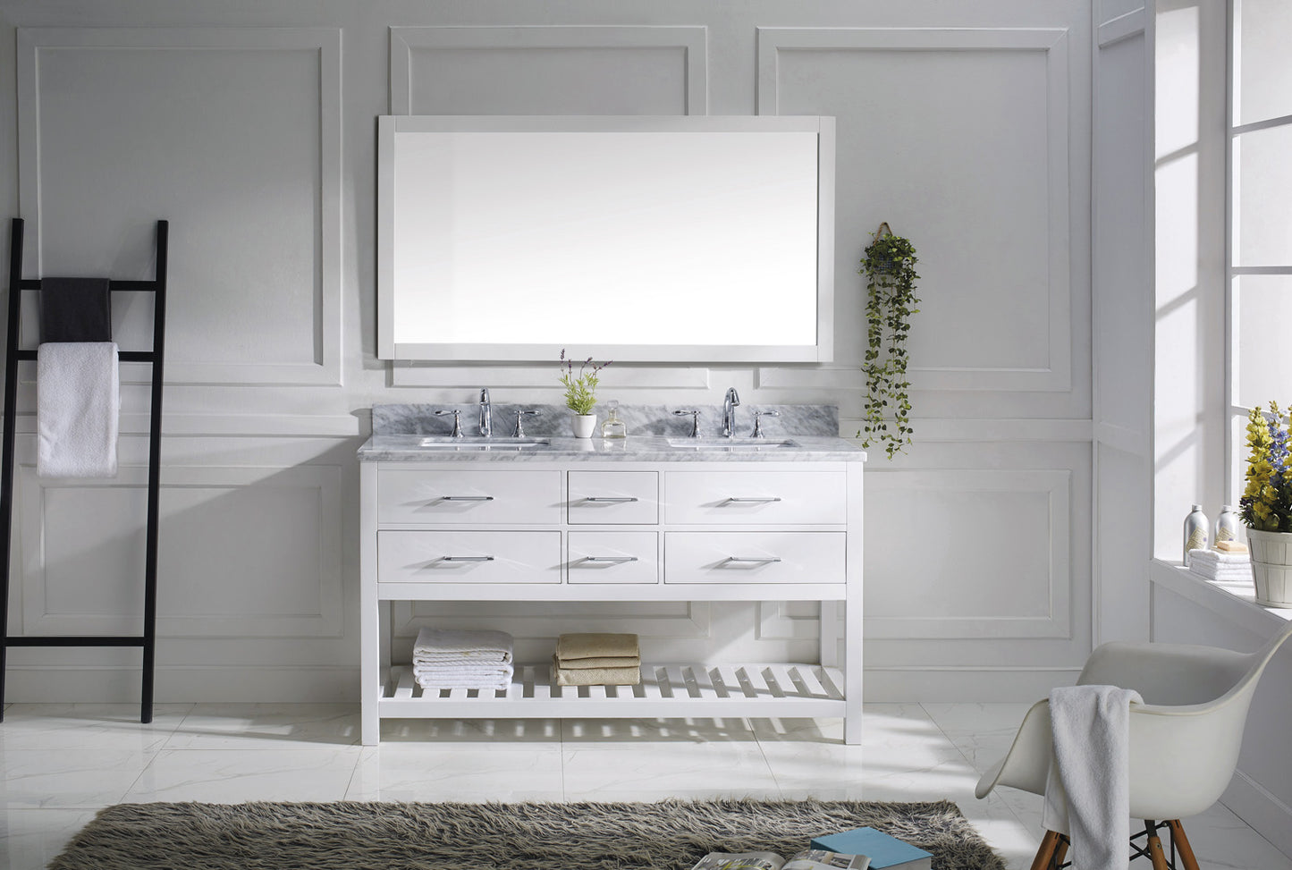 MD-2260-WMSQ-WH White Caroline Estate 60" Double Bath Vanity Set with Italian Carrara White Marble Top & Rectangular Double Centered Basin. 1 Mirror front