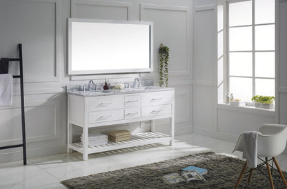 MD-2260-WMSQ-WH White Caroline Estate 60" Double Bath Vanity Set with Italian Carrara White Marble Top & Rectangular Double Centered Basin. 1 Mirror side