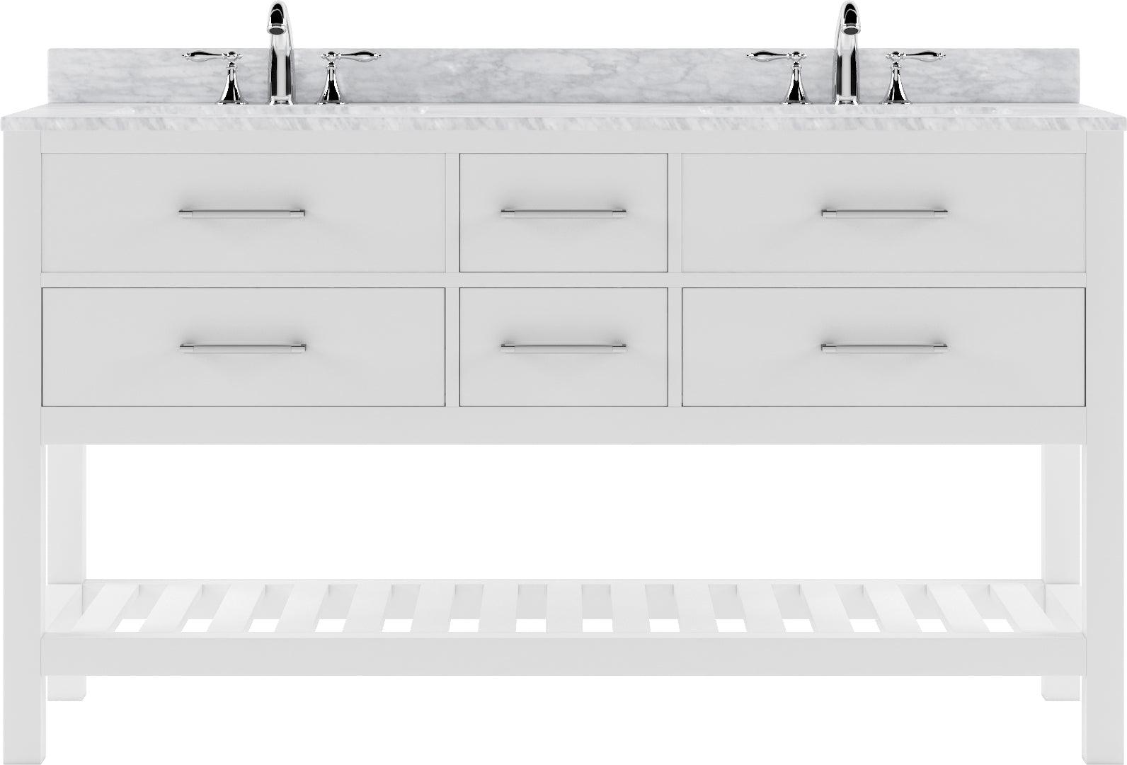 MD-2260-WMSQ-WH White Caroline Estate 60" Double Bath Vanity Set with Italian Carrara White Marble Top & Rectangular Double Centered Basin