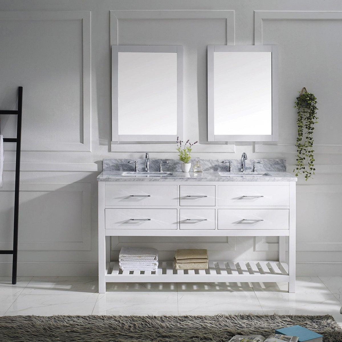 MD-2260-WMSQ-WH White Caroline Estate 60" Double Bath Vanity Set with Italian Carrara White Marble Top & Rectangular Double Centered Basin. 2 Mirrors