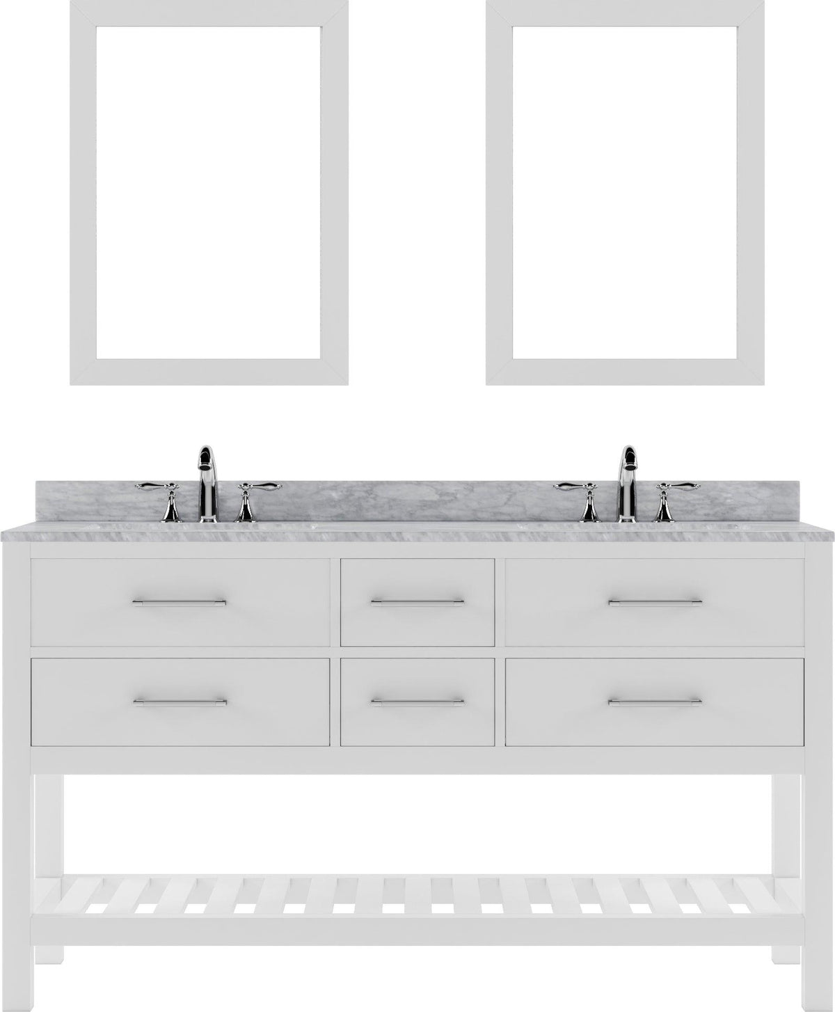 MD-2260-WMSQ-WH White Caroline Estate 60" Double Bath Vanity Set with Italian Carrara White Marble Top & Rectangular Double Centered Basin. 2 Mirrors
