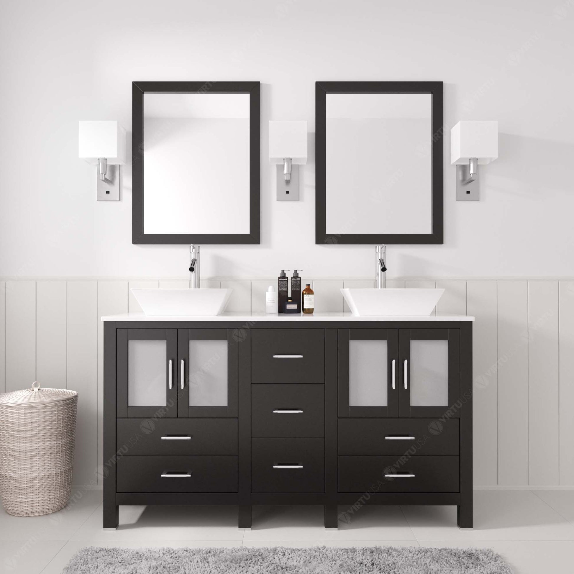 MD-4305-S-ES Espresso Bradford 60" Double Bath Vanity, White Engineered Stone Top,  Rectangular Double Centered Basin, Mirror styeld