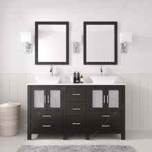Load image into Gallery viewer, MD-4305-S-ES Espresso Bradford 60&quot; Double Bath Vanity, White Engineered Stone Top,  Rectangular Double Centered Basin, Mirror styeld