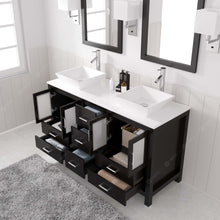 Load image into Gallery viewer, MD-4305-S-ES Espresso Bradford 60&quot; Double Bath Vanity, White Engineered Stone Top,  Rectangular Double Centered Basin, Mirror, open