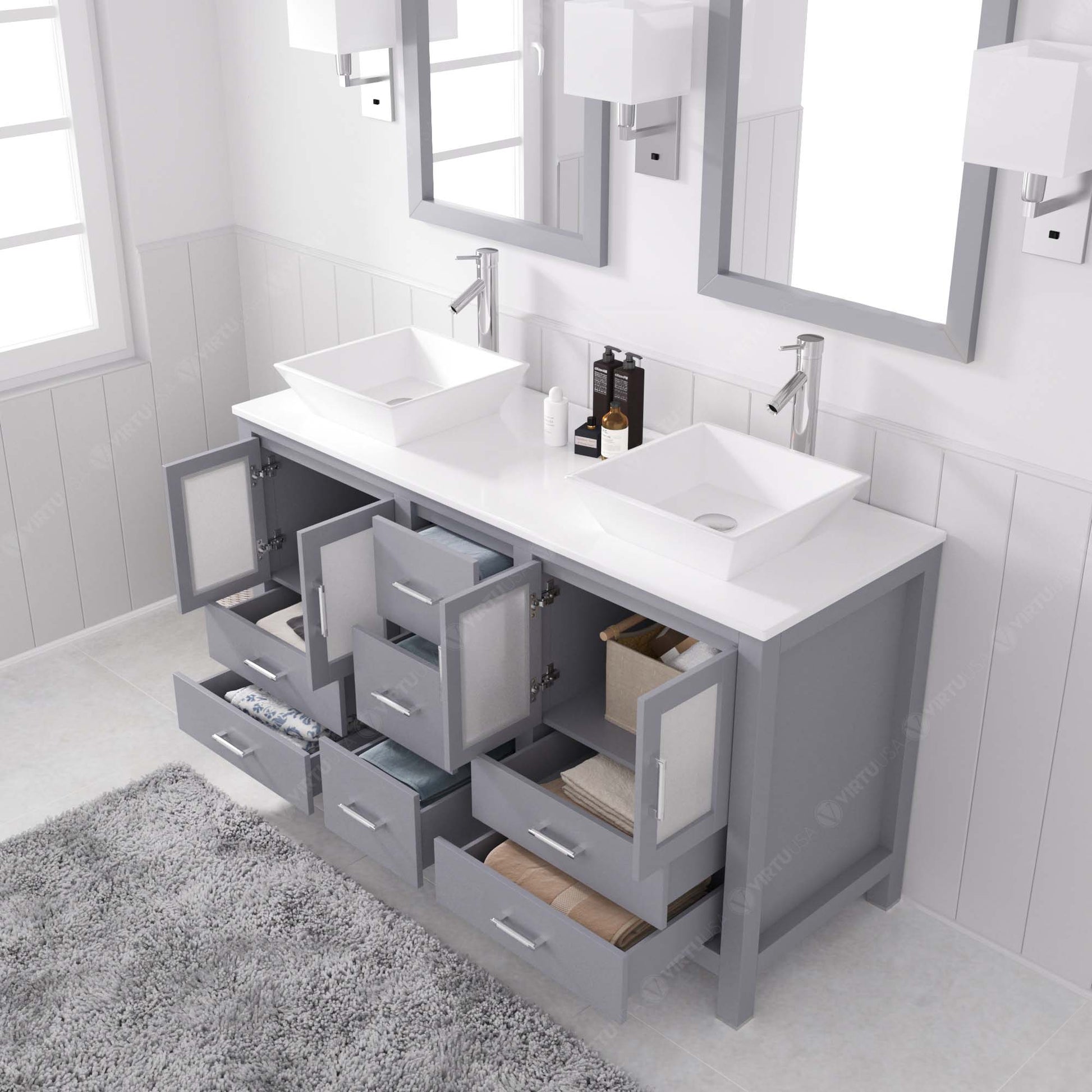 MD-4305-S-GR  Gray Bradford 60" Double Bath Vanity, White Engineered Stone Top,  Rectangular Double Centered Basin, Mirror, open