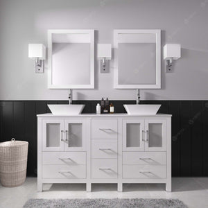 MD-4305-S-WH White Bradford 60" Double Bath Vanity, White Engineered Stone Top,  Rectangular Double Centered Basin, Mirror, styled
