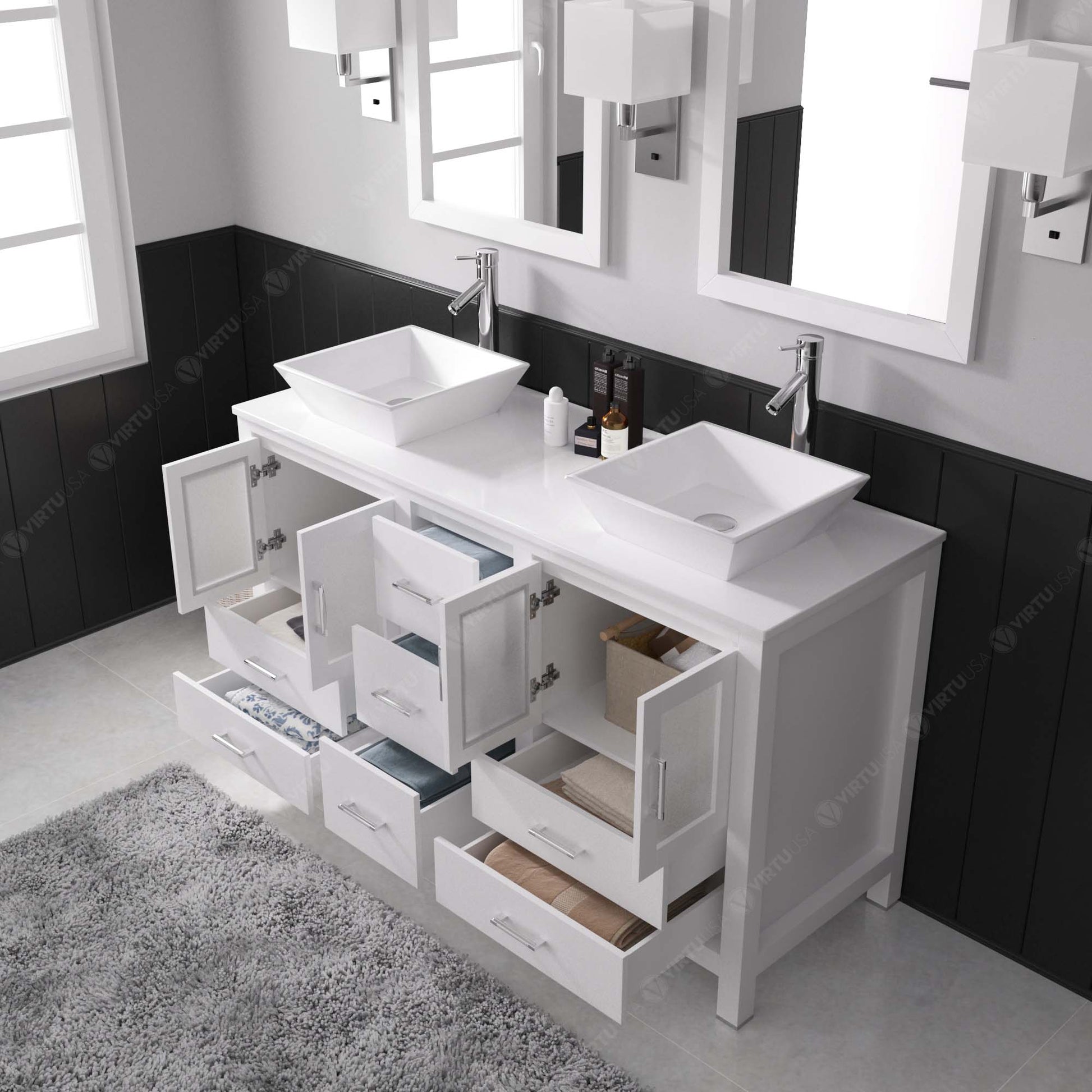 MD-4305-S-WH White Bradford 60" Double Bath Vanity, White Engineered Stone Top,  Rectangular Double Centered Basin, Mirror, open