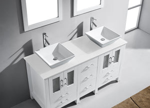 MD-4305-S-WH White Bradford 60" Double Bath Vanity, White Engineered Stone Top,  Rectangular Double Centered Basin, Mirror, up