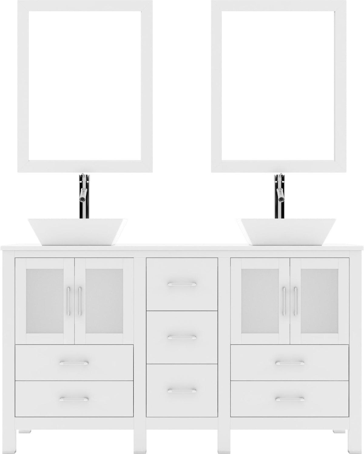 MD-4305-S-WH White Bradford 60" Double Bath Vanity, White Engineered Stone Top,  Rectangular Double Centered Basin, Mirror