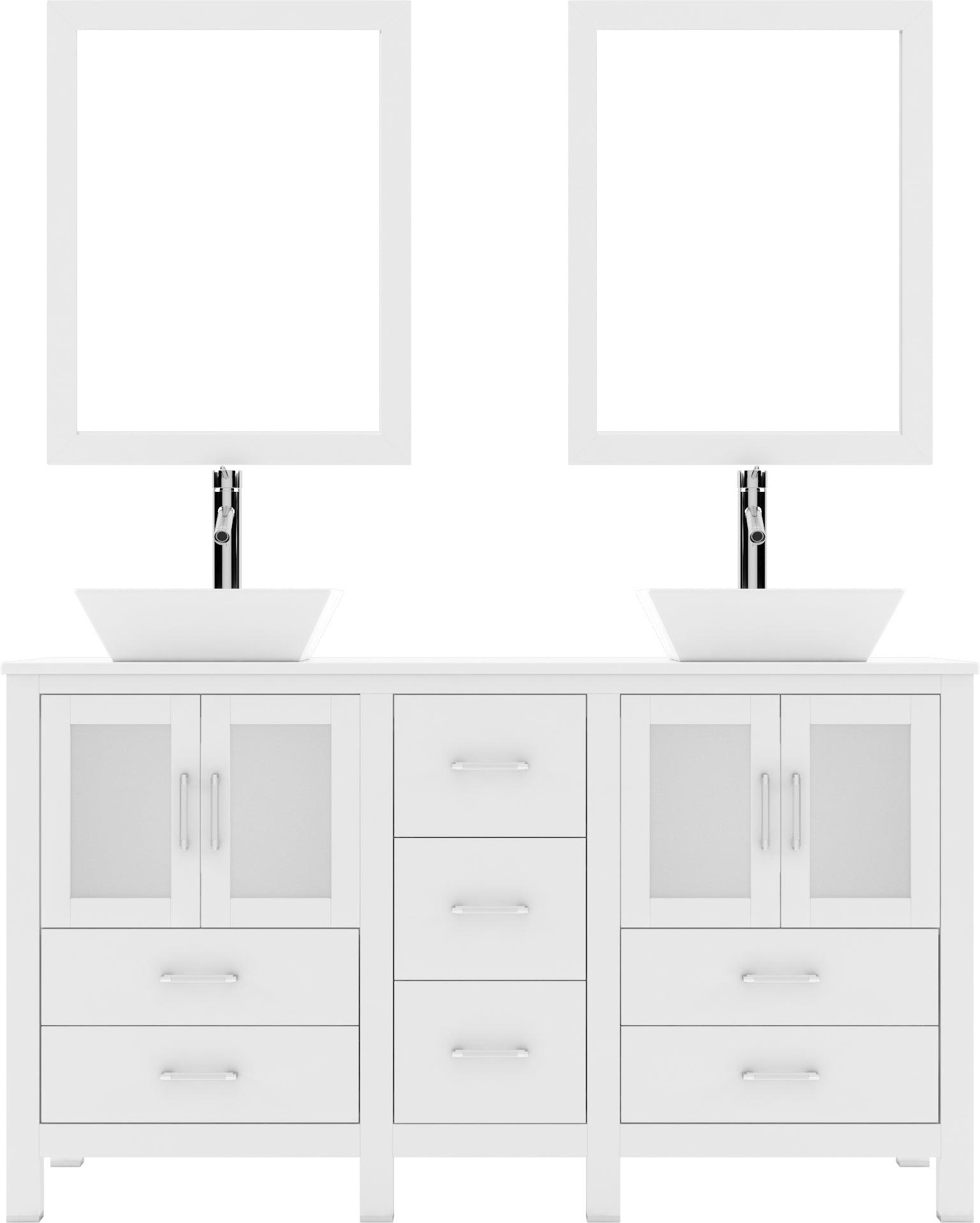 MD-4305-S-WH White Bradford 60" Double Bath Vanity, White Engineered Stone Top,  Rectangular Double Centered Basin, Mirror