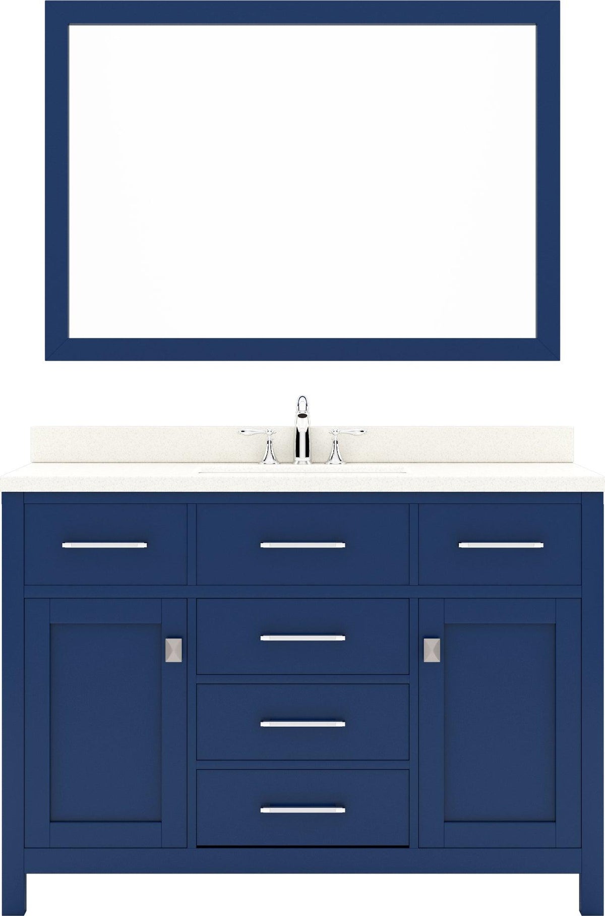 MS-2048-DWQRO-FB Blue Caroline 48" Single Bath Vanity Set with Dazzle White Quartz Top & Oval Centered Basin, Mirror