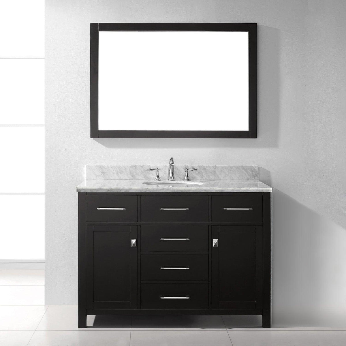 MS-2048-WMRO-ES Espresso Caroline 48" Single Bath Vanity Set with Italian Carrara White Marble Top & Oval Centered Basin, Mirror1