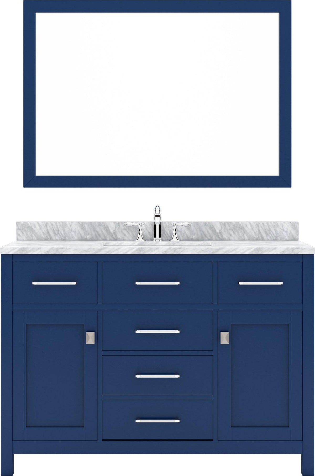 MS-2048-WMRO-FB Blue Caroline 48" Single Bath Vanity Set with Italian Carrara White Marble Top & Oval Centered Basin, Mirror