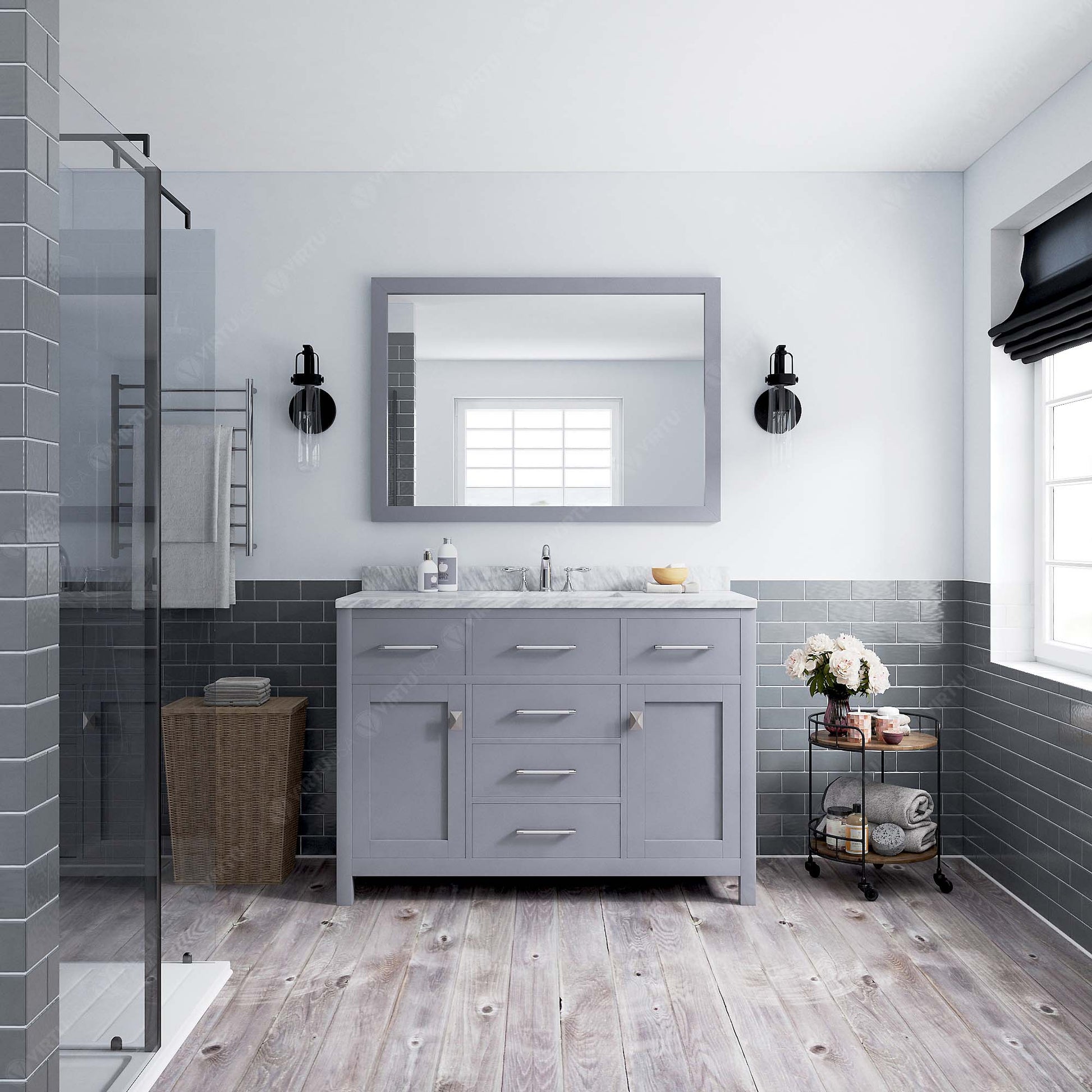 MS-2048-WMRO-GR Gray Caroline 48" Single Bath Vanity Set with Italian Carrara White Marble Top & Oval Centered Basin, Mirror styled