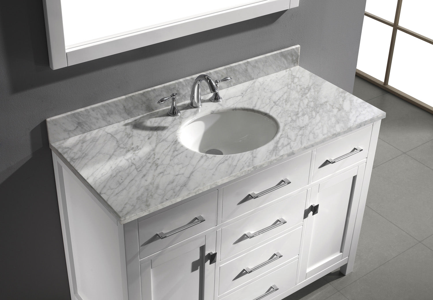 MS-2048-WMRO-WH White Caroline 48" Single Bath Vanity Set with Italian Carrara White Marble Top & Oval Centered Basin, Mirror up