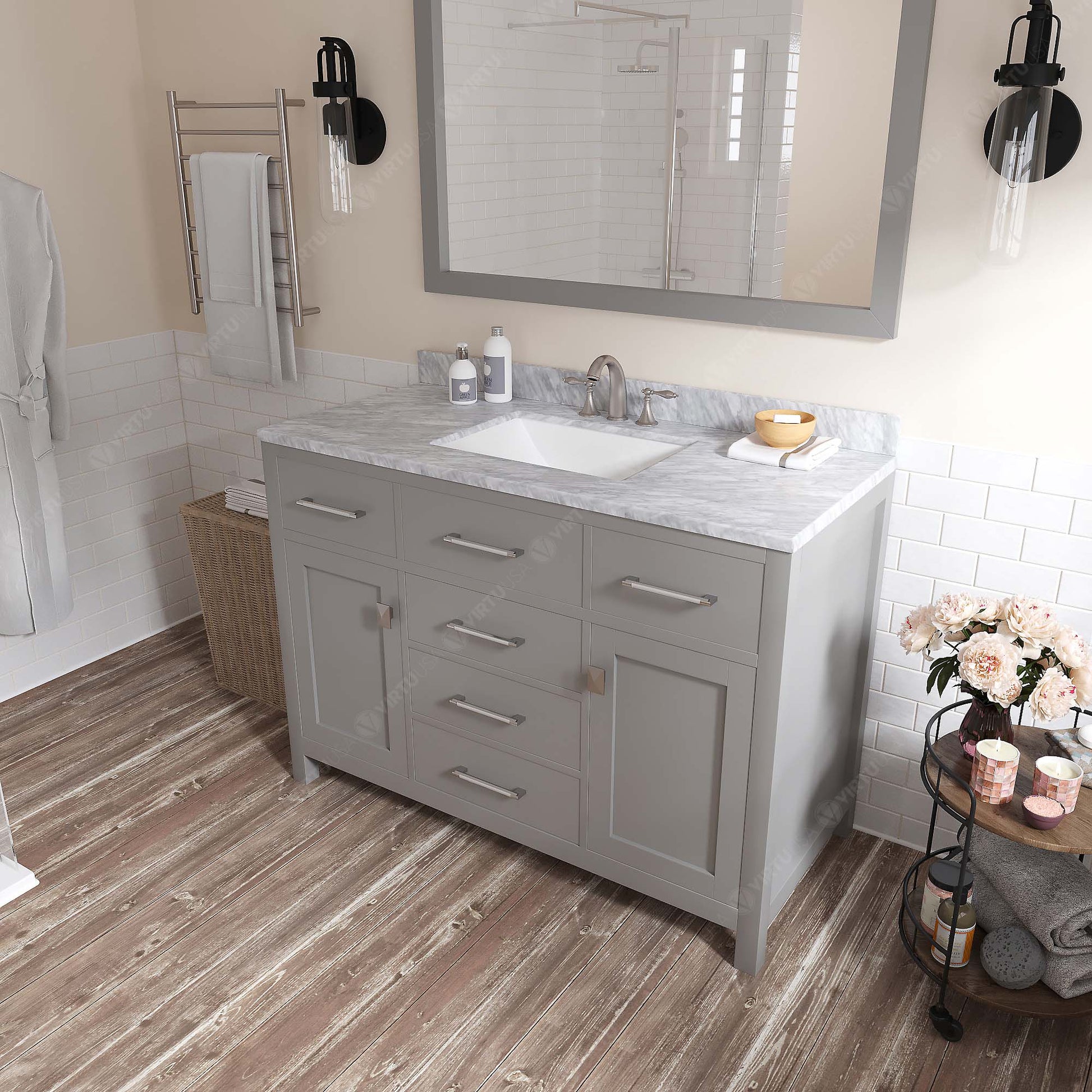 MS-2048-WMSQ-CG Cashmere Gray Caroline 48" Single Bath Vanity Set with Italian Carrara White Marble Top & Rectangular Centered Basin, Mirror side