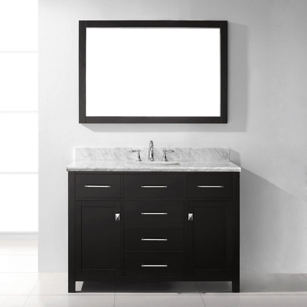 MS-2048-WMSQ-ES Espresso Cashmere Gray Caroline 48" Single Bath Vanity Set with Italian Carrara White Marble Top & Rectangular Centered Basin, Mirror 1