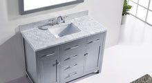 Load image into Gallery viewer, MS-2048-WMSQ-GR Gray Cashmere Gray Caroline 48&quot; Single Bath Vanity Set with Italian Carrara White Marble Top &amp; Rectangular Centered Basin, Mirror up