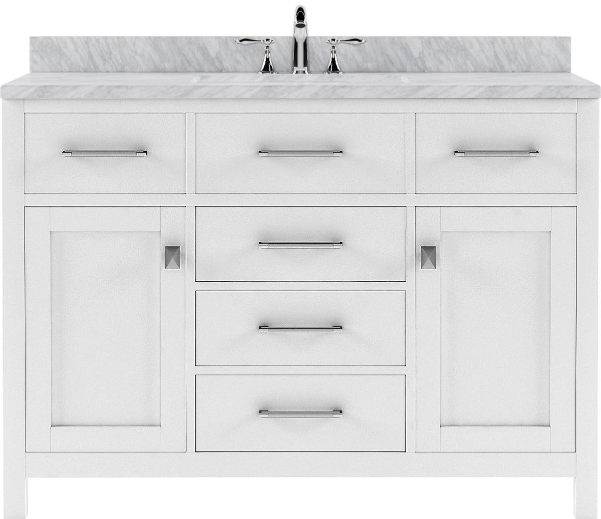 MS-2048-WMSQ-WH White Caroline 48" Single Bath Vanity Set with Italian Carrara White Marble Top & Rectangular Centered Basin